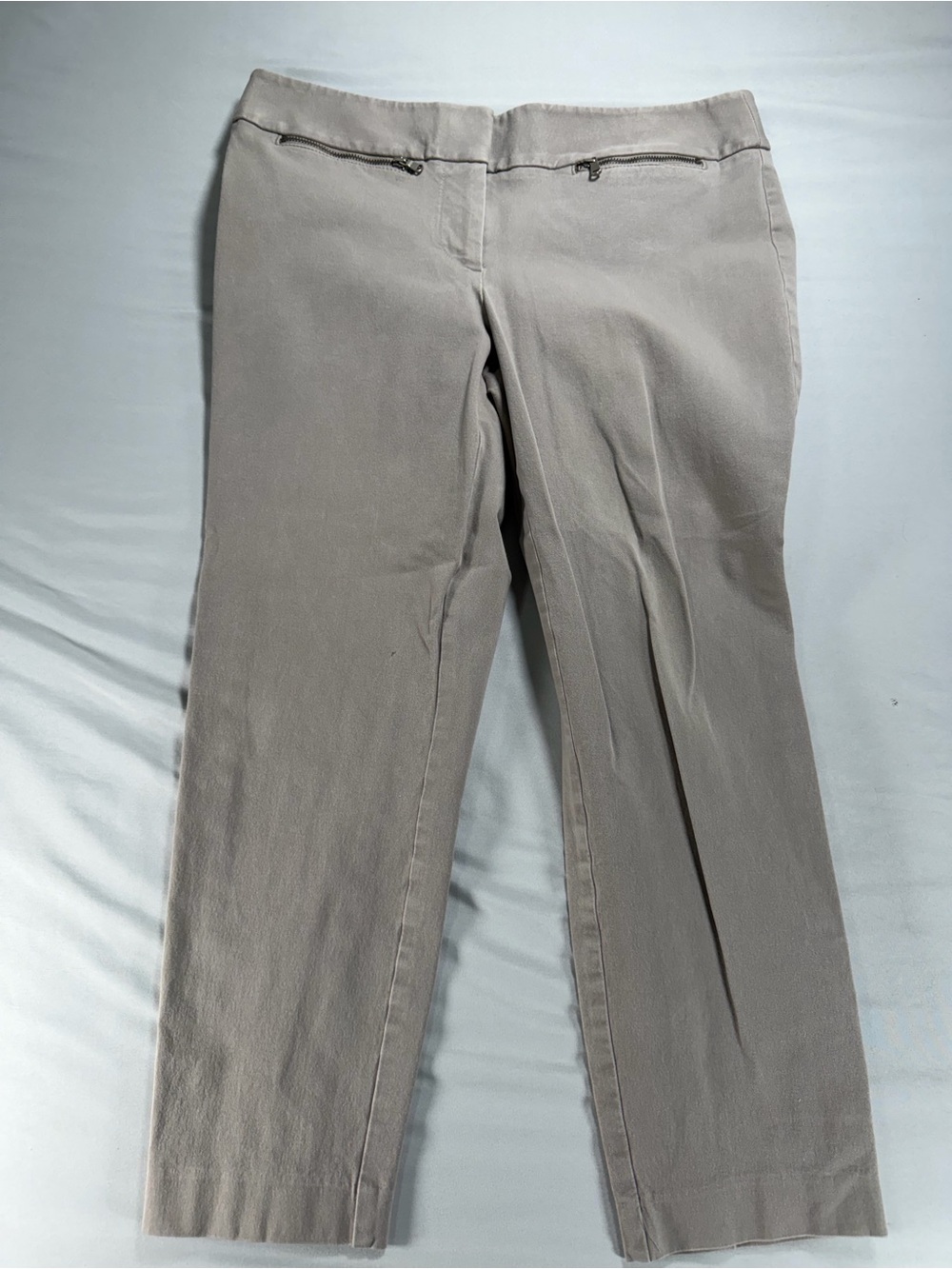 LOFT Julie Curvy Cropped Pants Size 8 Taupe Khaki Silver Front Zip Trouser #1072